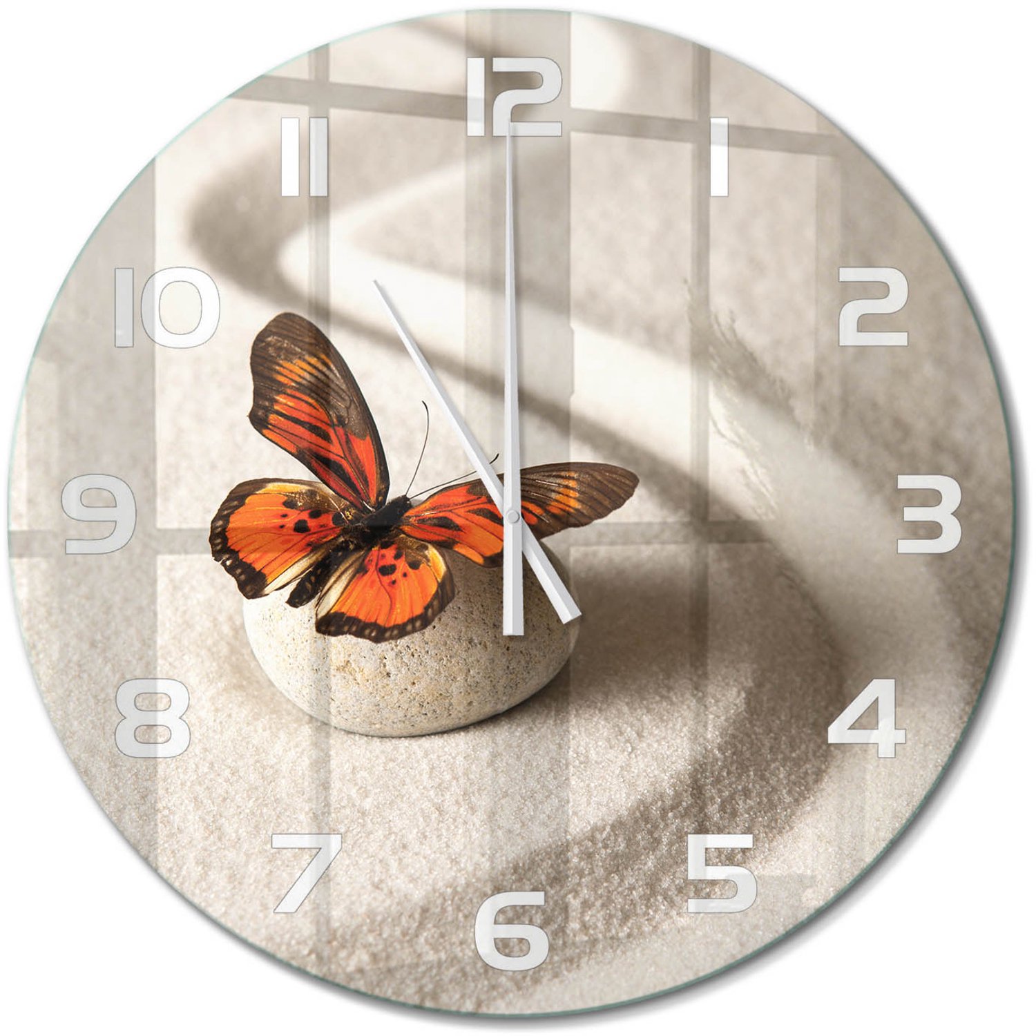 TULUP Wandklok - Zensteen en vlinder Moderne Wandklok Glas - fi60 cm - Oranje Wandklok Glas Decoratie - Witte handen - Ronde Klok - Glazen Wandklok Design - Klok Glas Met Opdruk