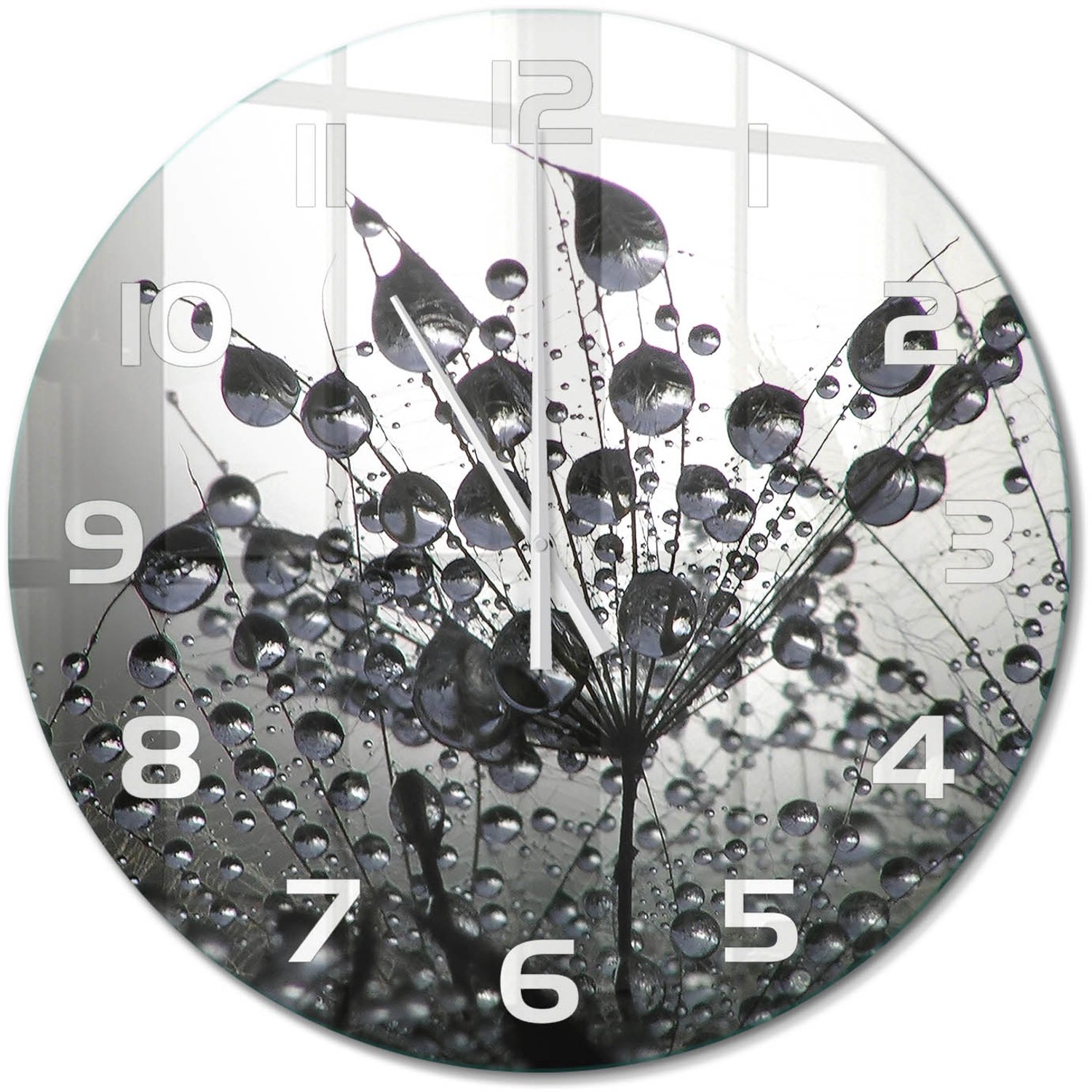 TULUP Wandklok - Paardenbloemzaden Wandklok Glas Decoratie - fi60 cm - Zwart-wit Gekleurde Glazen Klok - Witte handen - Ronde Klok - Klok Glas Met Opdruk - Moderne Wandklok Glas