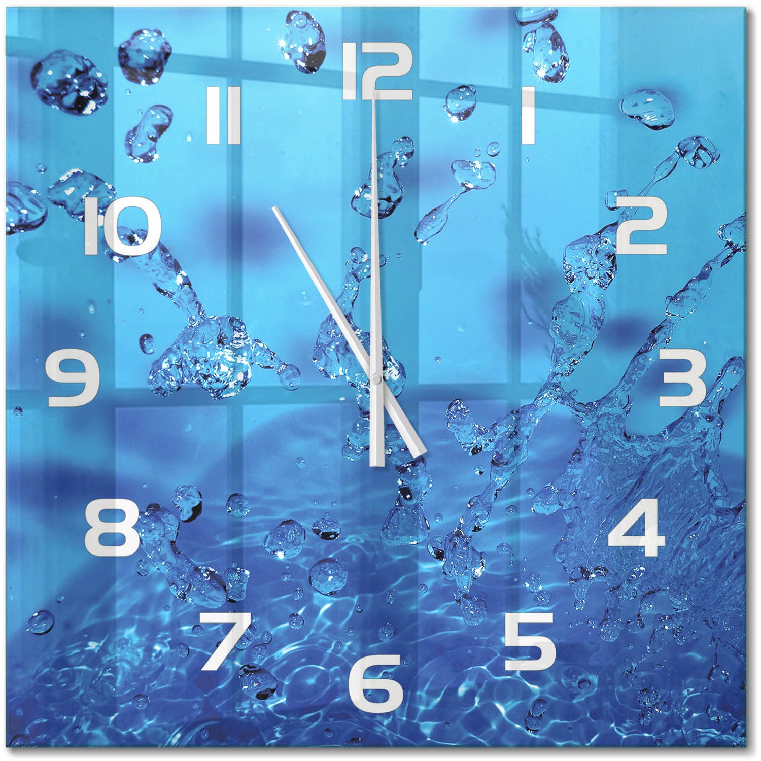 TULUP Wandklok - Waterdruppels Wandklok Glas Met Motief - 60x60 cm - Blauw Decoratieve Glazen Klok - Witte handen - Vierkante Klok - Gekleurde Glazen Klok - Glazen Klok Met Print