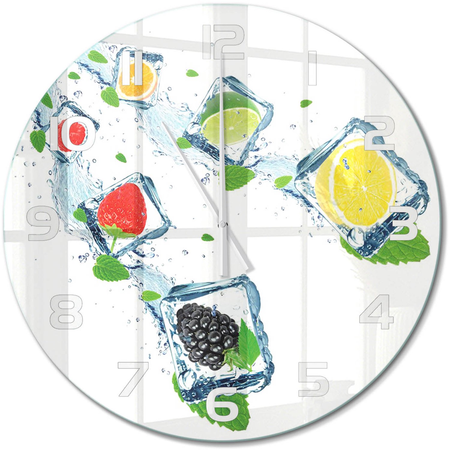 TULUP Wandklok - Fruit in blokjes Moderne Wandklok Glas - fi60 cm - Veelkleurig Wandklok Glas Decoratie - Witte handen - Ronde Klok - Glazen Wandklok Design - Klok Glas Met Opdruk