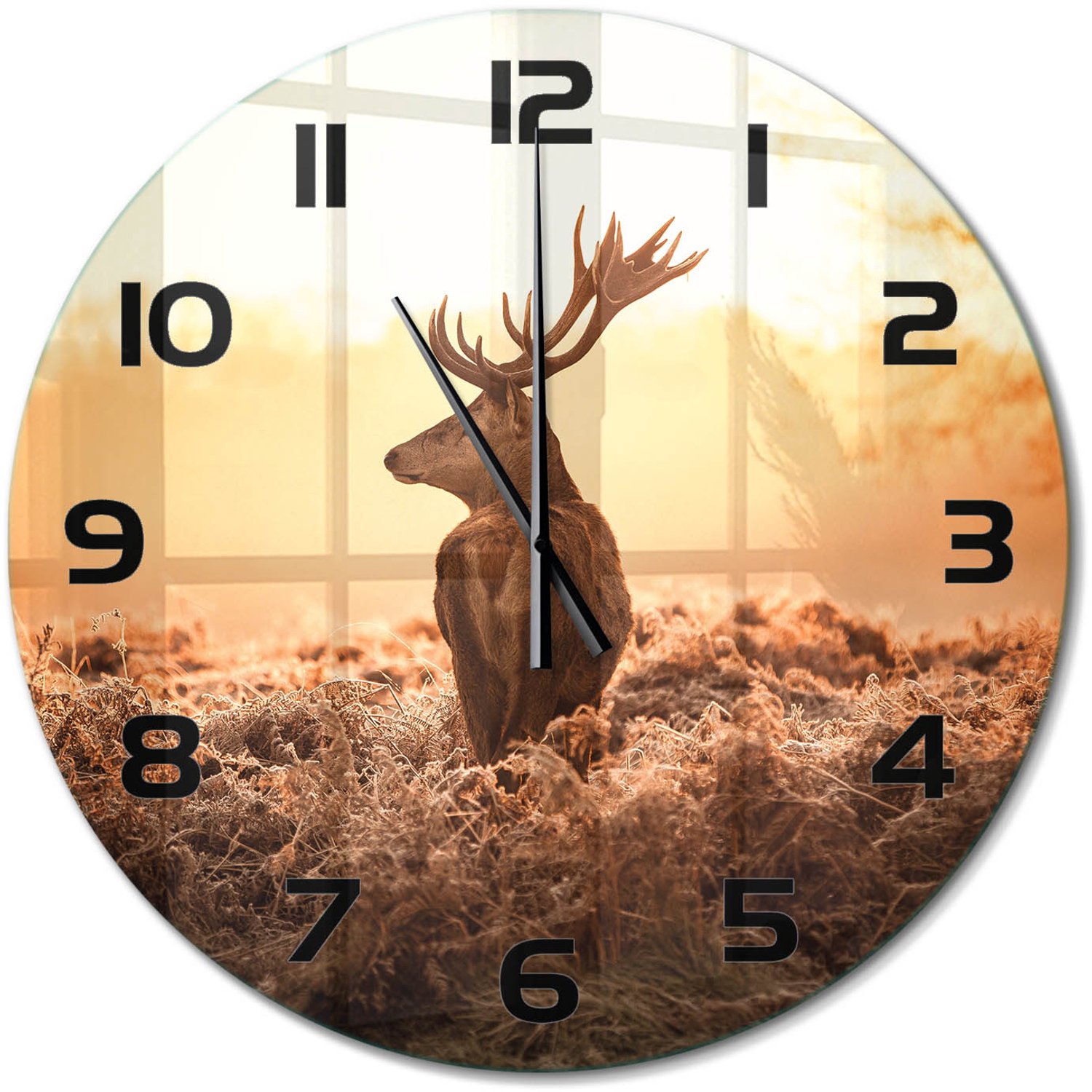 TULUP Wandklok - Zonsopgang boven de herten Gekleurde Glazen Klok - fi60 cm - Bruin Glazen Klok Met Print - Zwarte handen - Ronde Klok - Moderne Wandklok Glas - Wandklok Glas Decoratie