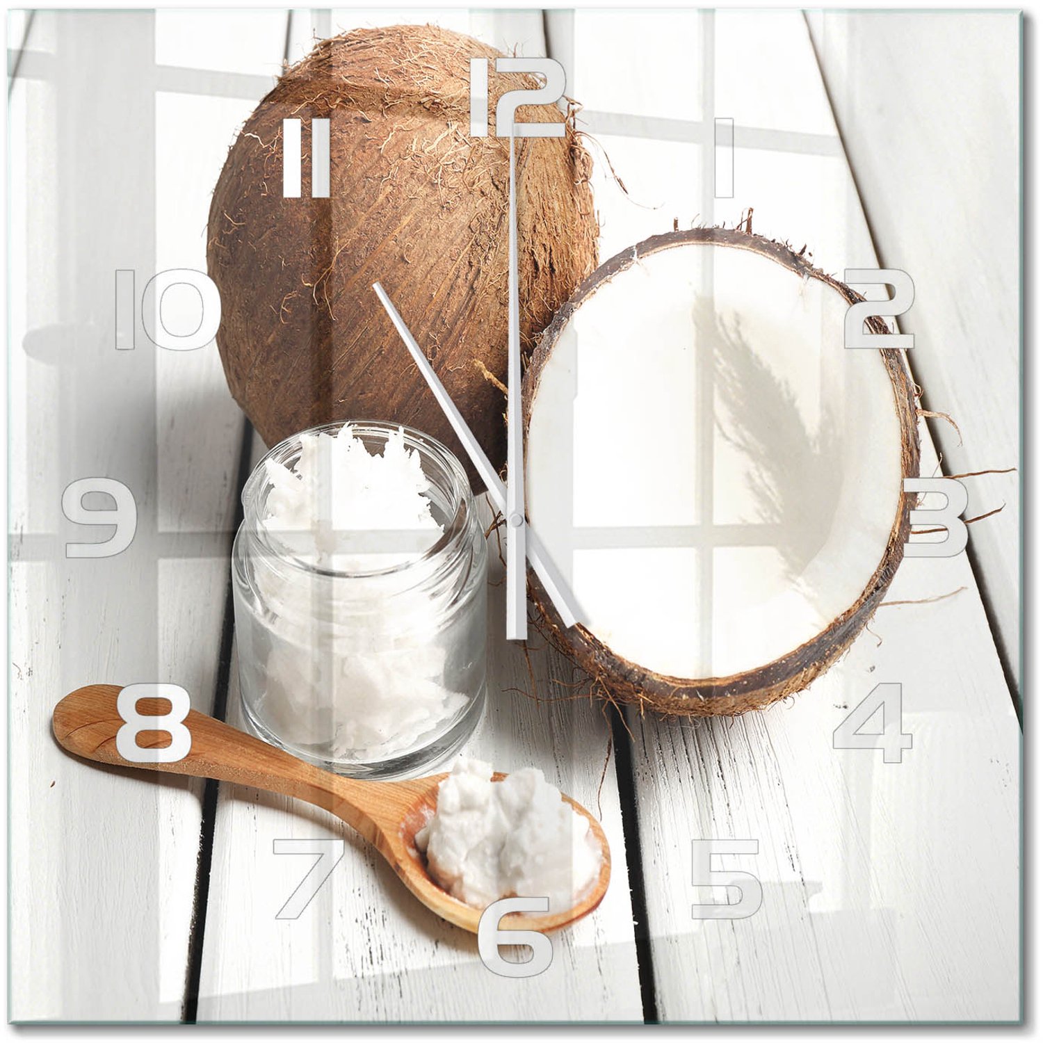 TULUP Wandklok - Kokosolie Wandklok Glas Met Motief - 60x60 cm - Bruin Decoratieve Glazen Klok - Witte handen - Vierkante Klok - Gekleurde Glazen Klok - Glazen Klok Met Print