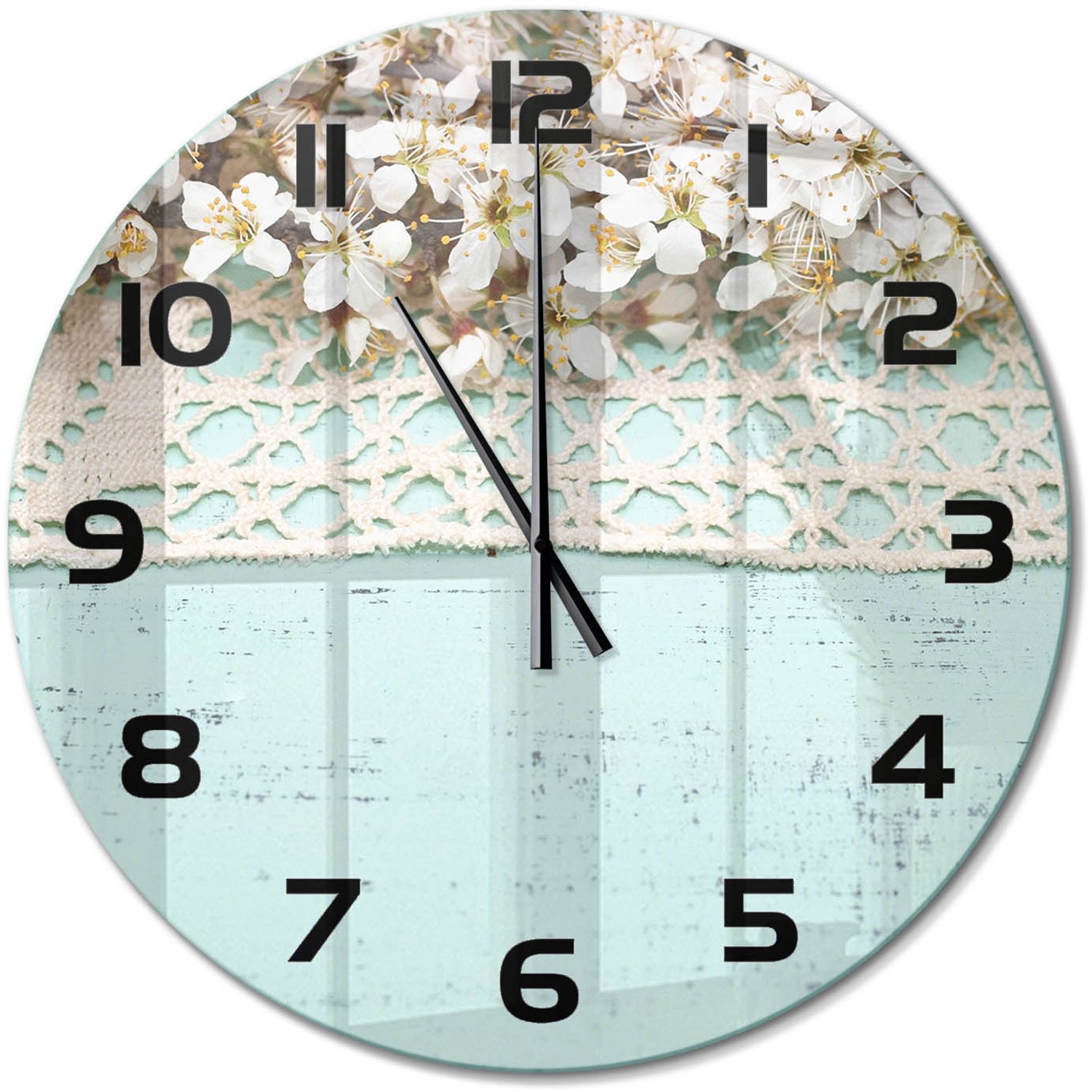 TULUP Wandklok - Kersenbloesem Wandklok Glas Met Motief - fi60 cm - Beige Decoratieve Glazen Klok - Zwarte handen - Ronde Klok - Gekleurde Glazen Klok - Glazen Klok Met Print