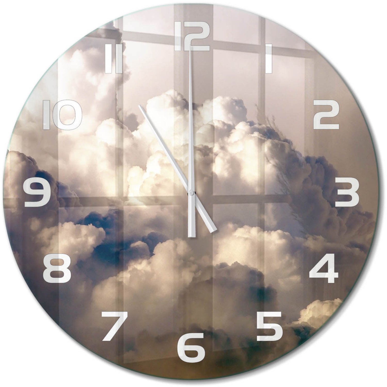 TULUP Wandklok - Wolken aan de hemel Gekleurde Glazen Klok - fi60 cm - Wit Glazen Klok Met Print - Witte handen - Ronde Klok - Moderne Wandklok Glas - Wandklok Glas Decoratie