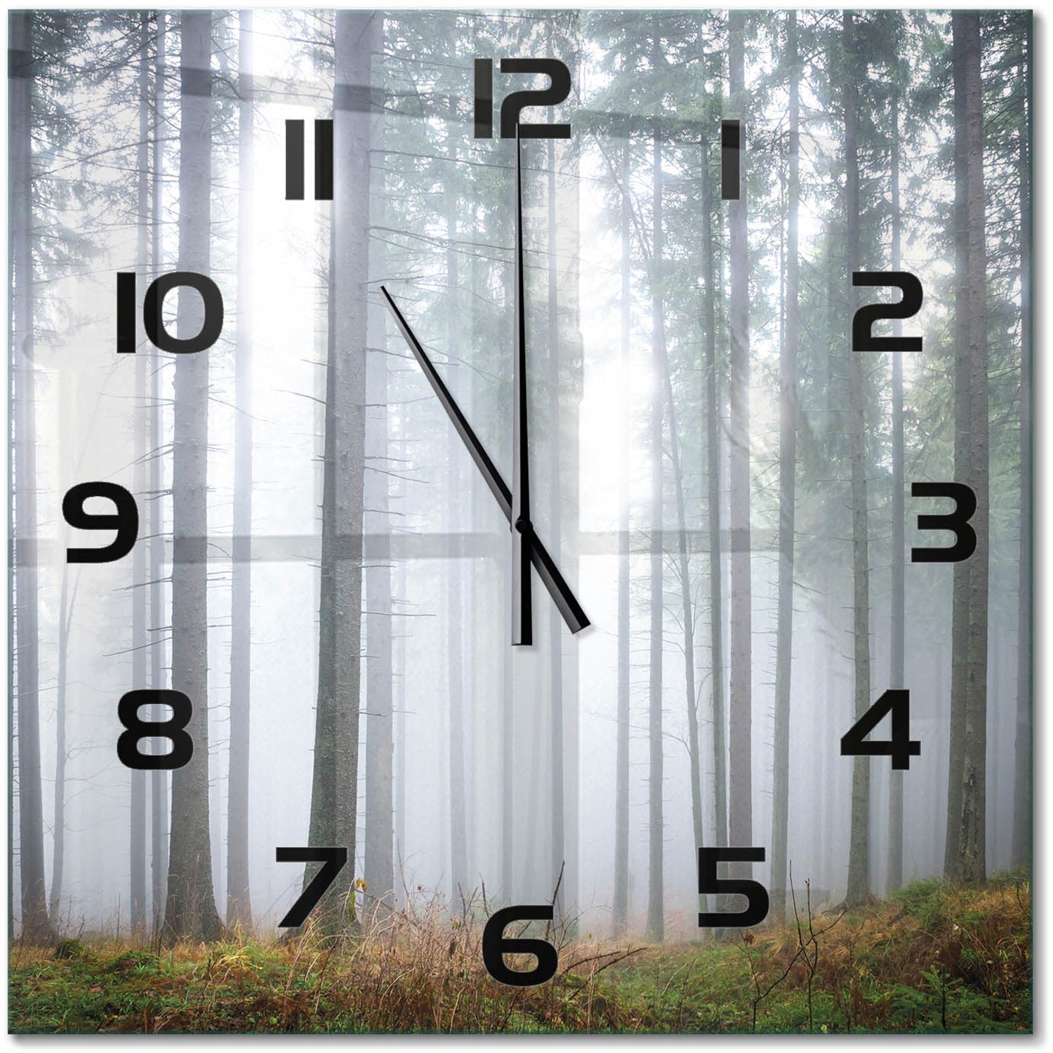 TULUP Wandklok - Mist in het bos Gekleurde Glazen Klok - 60x60 cm - Grijs Glazen Klok Met Print - Zwarte handen - Vierkante Klok - Moderne Wandklok Glas - Wandklok Glas Decoratie