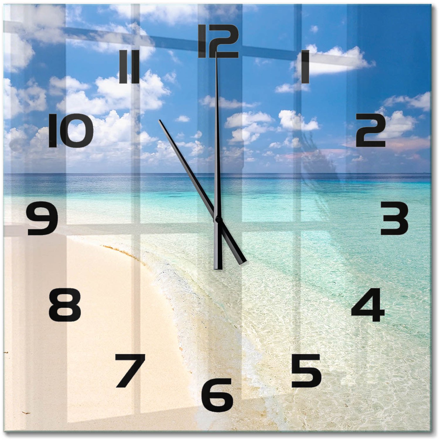 TULUP Wandklok - Strand op de Malediven Klok Glas Met Opdruk - 60x60 cm - Blauw Moderne Wandklok Glas - Zwarte handen - Vierkante Klok - Decoratieve Glazen Klok - Glazen Wandklok Design