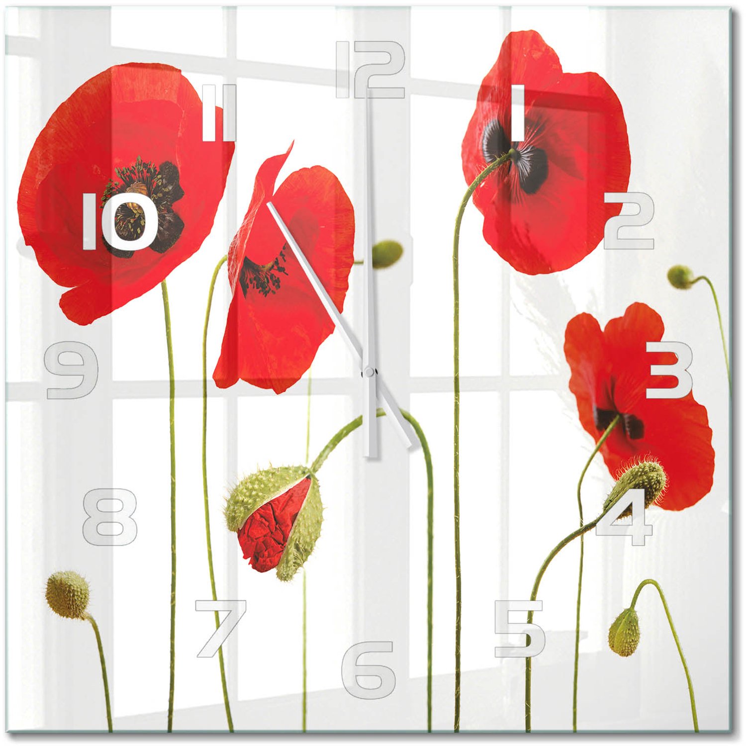 TULUP Wandklok - Klaprozen Klok Glas Met Opdruk - 60x60 cm - Rood Moderne Wandklok Glas - Witte handen - Vierkante Klok - Decoratieve Glazen Klok - Glazen Wandklok Design