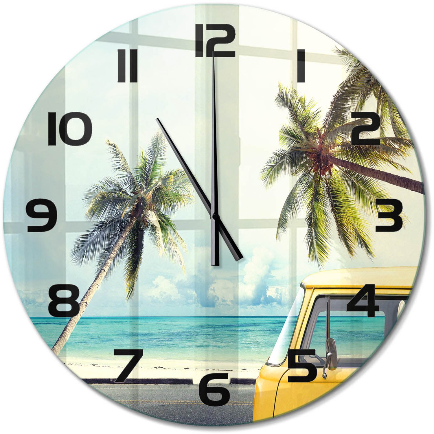 TULUP Wandklok - Van Beach Glazen Wandklok Design - fi60 cm - Geel Klok Glas Met Opdruk - Zwarte handen - Ronde Klok - Wandklok Glas Met Motief - Decoratieve Glazen Klok