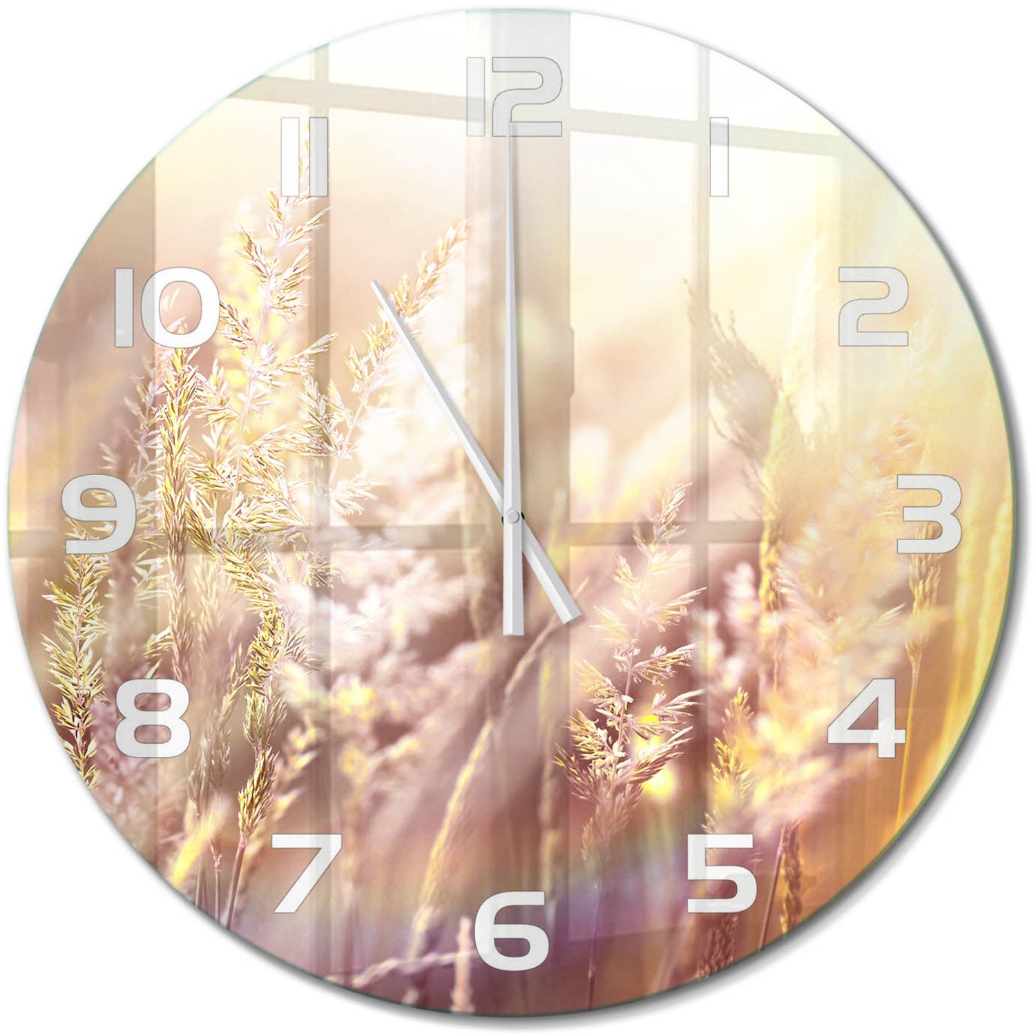 TULUP Wandklok - Hoog gras Decoratieve Glazen Klok - fi60 cm - Beige Glazen Wandklok Design - Witte handen - Ronde Klok - Glazen Klok Met Print - Wandklok Glas Met Motief