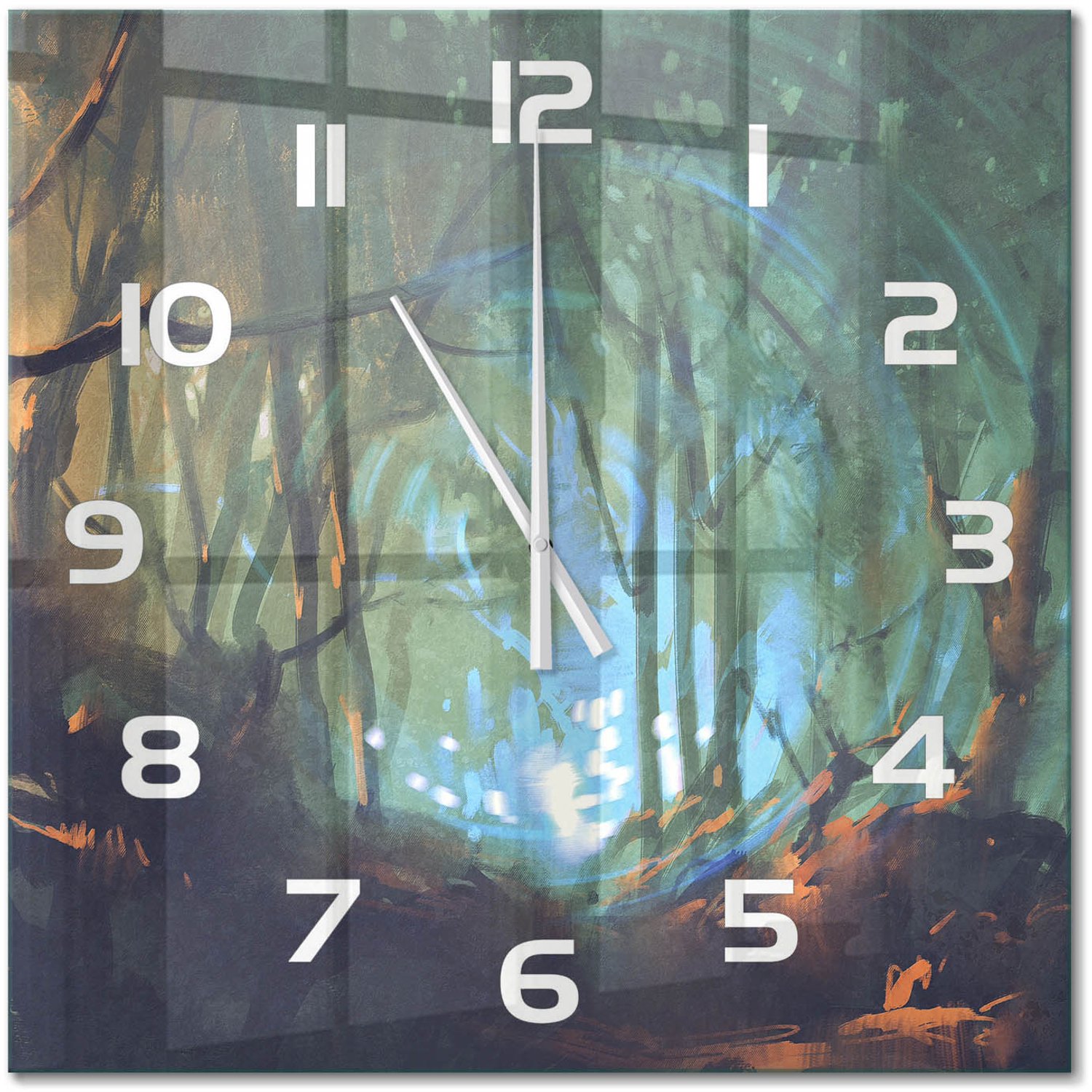 TULUP Wandklok - Mystiek bos Glazen Klok Met Print - 60x60 cm - Blauw Wandklok Glas Met Motief - Witte handen - Vierkante Klok - Wandklok Glas Decoratie - Gekleurde Glazen Klok