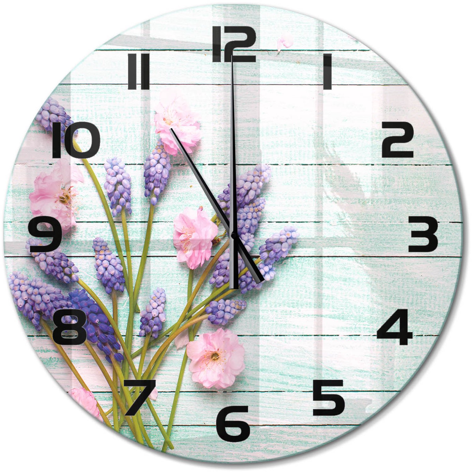 TULUP Wandklok - Lavendel op hout Klok Glas Met Opdruk - fi60 cm - Paars Moderne Wandklok Glas - Zwarte handen - Ronde Klok - Decoratieve Glazen Klok - Glazen Wandklok Design
