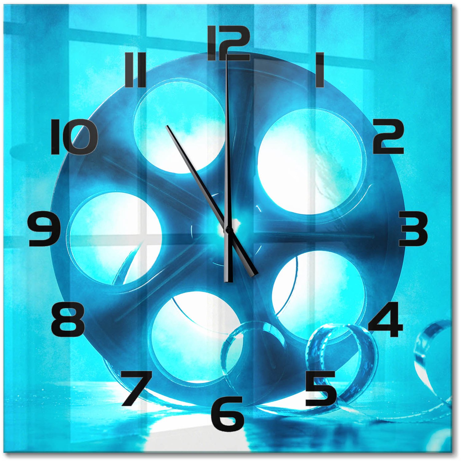 TULUP Wandklok - Filmrol Decoratieve Glazen Klok - 60x60 cm - Blauw Glazen Wandklok Design - Zwarte handen - Vierkante Klok - Glazen Klok Met Print - Wandklok Glas Met Motief