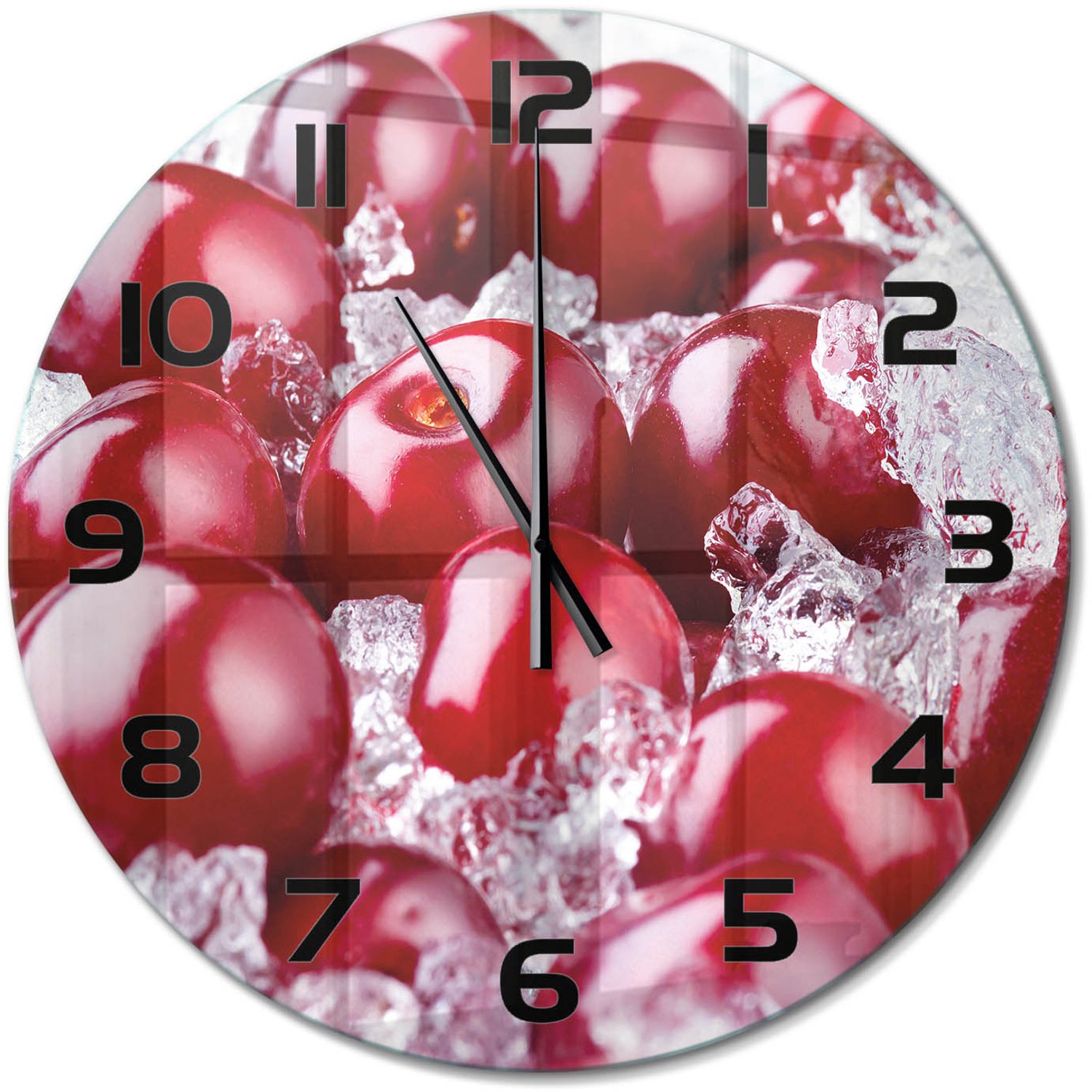 TULUP Wandklok - Bevroren kers Klok Glas Met Opdruk - fi60 cm - Rood Moderne Wandklok Glas - Zwarte handen - Ronde Klok - Decoratieve Glazen Klok - Glazen Wandklok Design