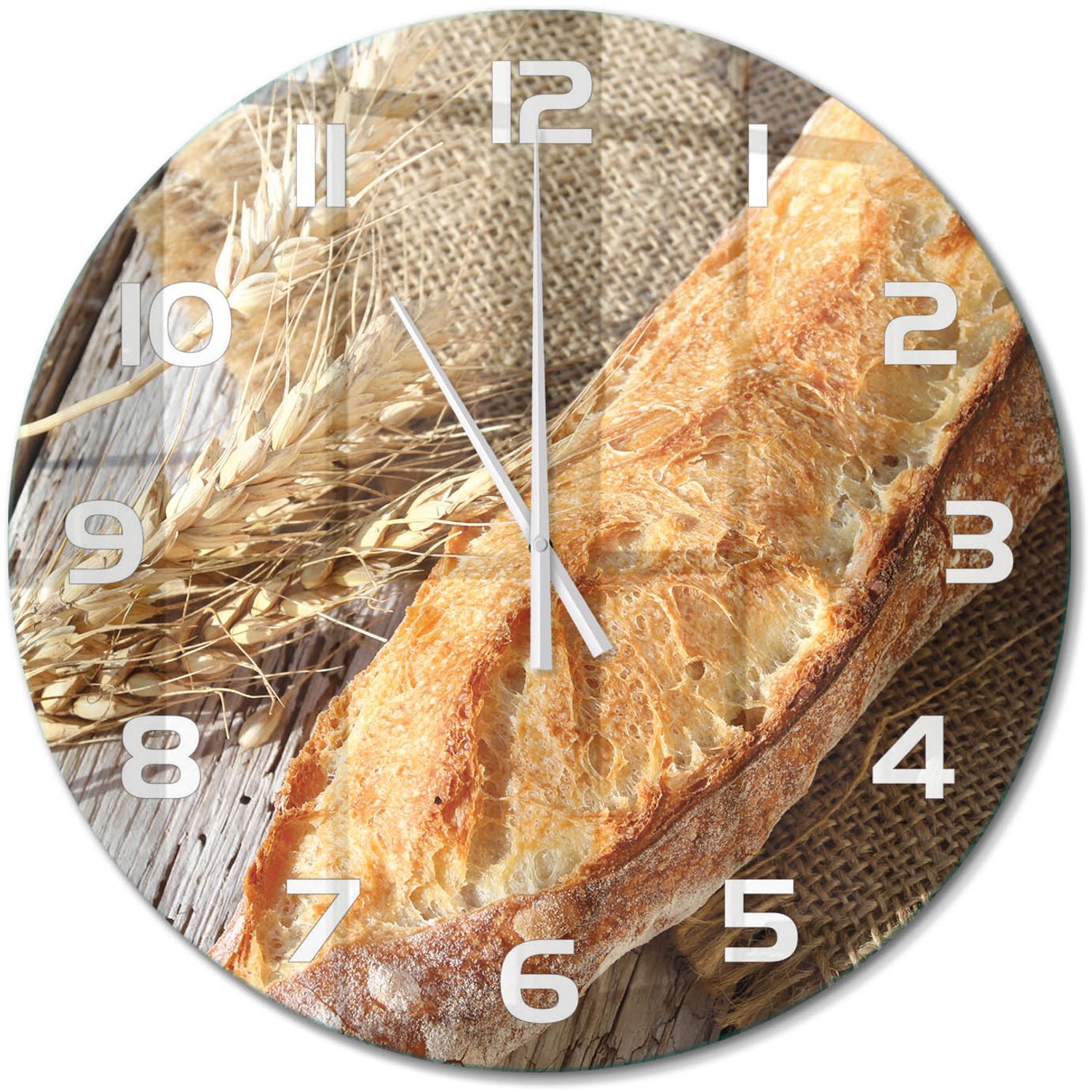 TULUP Wandklok - Verse baguette Gekleurde Glazen Klok - fi60 cm - Beige Glazen Klok Met Print - Witte handen - Ronde Klok - Moderne Wandklok Glas - Wandklok Glas Decoratie