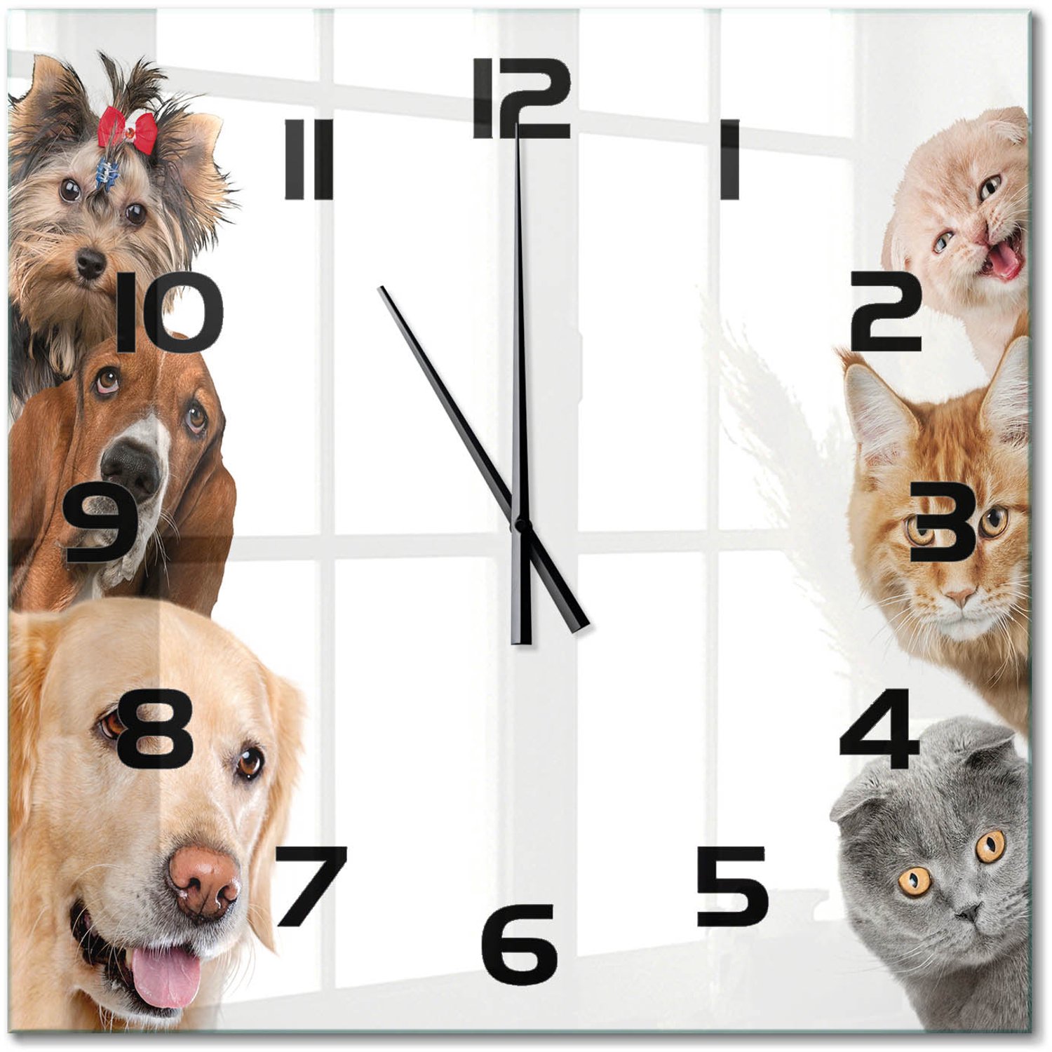 TULUP Wandklok - Honden en katten Moderne Wandklok Glas - 60x60 cm - Beige Wandklok Glas Decoratie - Zwarte handen - Vierkante Klok - Glazen Wandklok Design - Klok Glas Met Opdruk