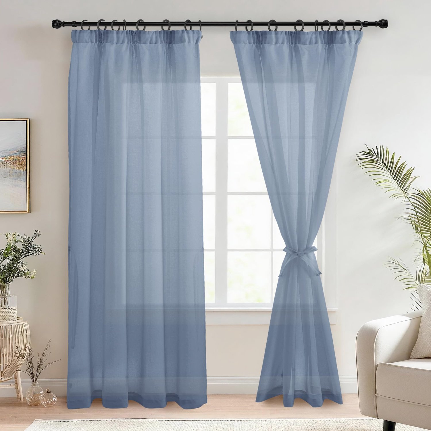 Famanu Transparante gordijnen met plooiband, poederblauw, set van 2 stuks, H 225 x B 140 cm, ideaal voor moderne interieurdecoratie en het filteren van zonlicht