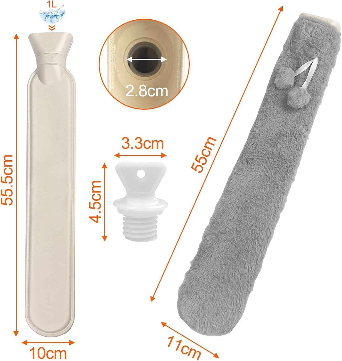 Lange warmwaterkruik - Omwikkelbare kruik - 1000ml - Met zachte stoffen hoes - Warmtekruik - Nek Kruik - Schouderkruik - Geschikt voor het verwarmen van nek, schouders, rug, benen en taille - grijs – foto 4