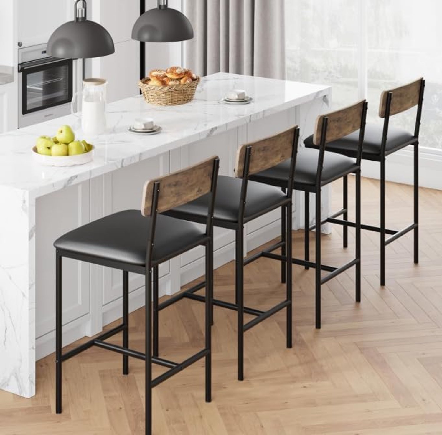 HOERFURIY Set van 4 industriële barkrukken 65 cm kunstleer, draagvermogen 300lb, rugsteun voetsteun, stalen frame, bruin of zwart retro kleur
