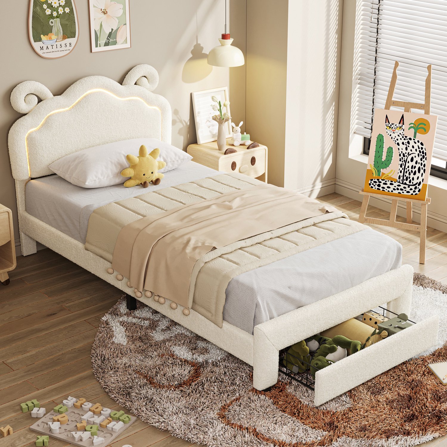 ROSAHQNDA Kinderbed 90x200 cm, gestoffeerd eenpersoonsbed met LED-verlichting, 1 opberglade en verstelbaar hoornvormig hoofdbord, teddy stof, wit, zonder matras