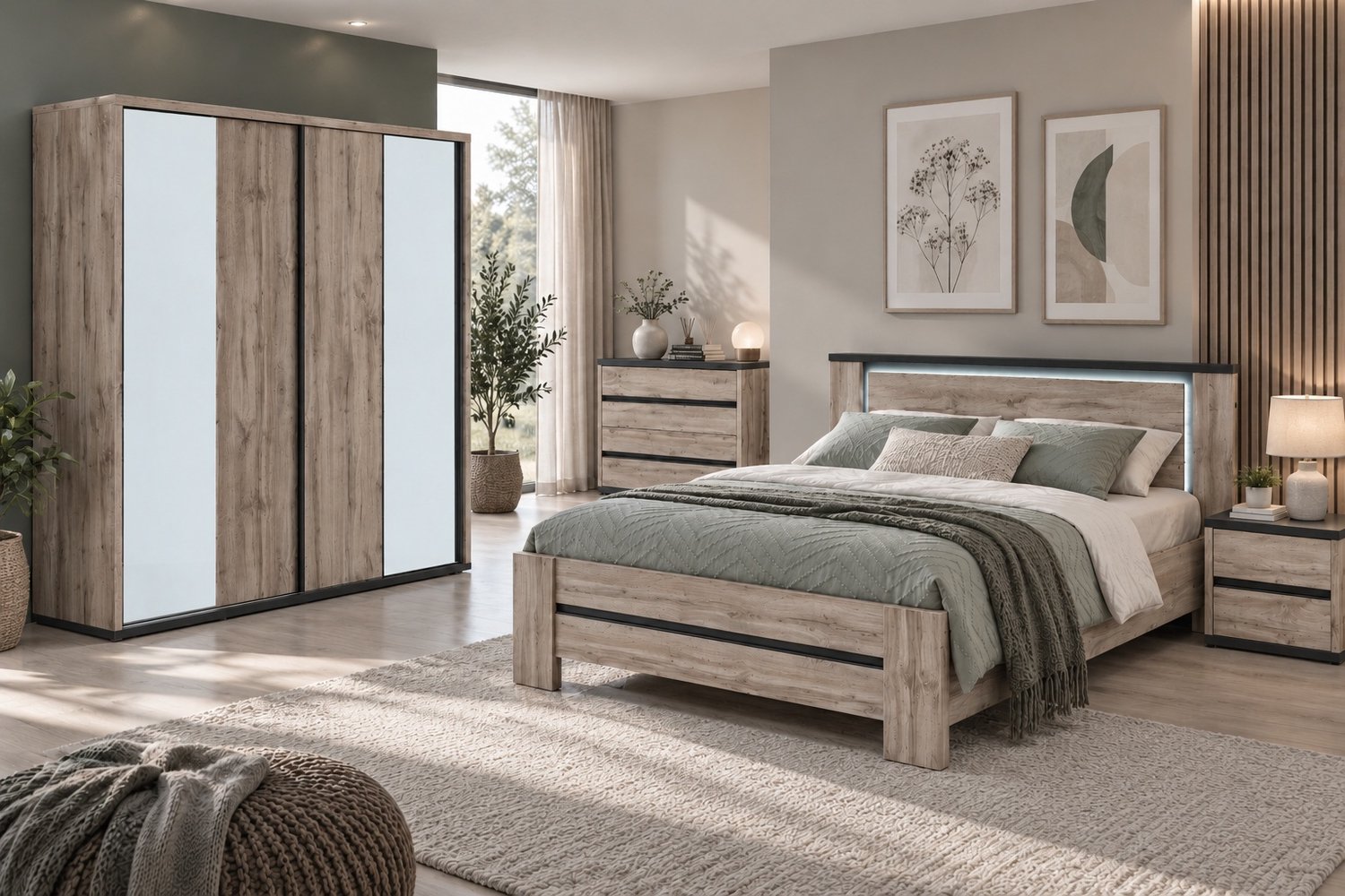 oosterlynck Slaapkamer Elvira 5-delig - bed 160 x 200 cm - kast 200 cm met spiegels - Canada eik Canada eik met donkere accenten