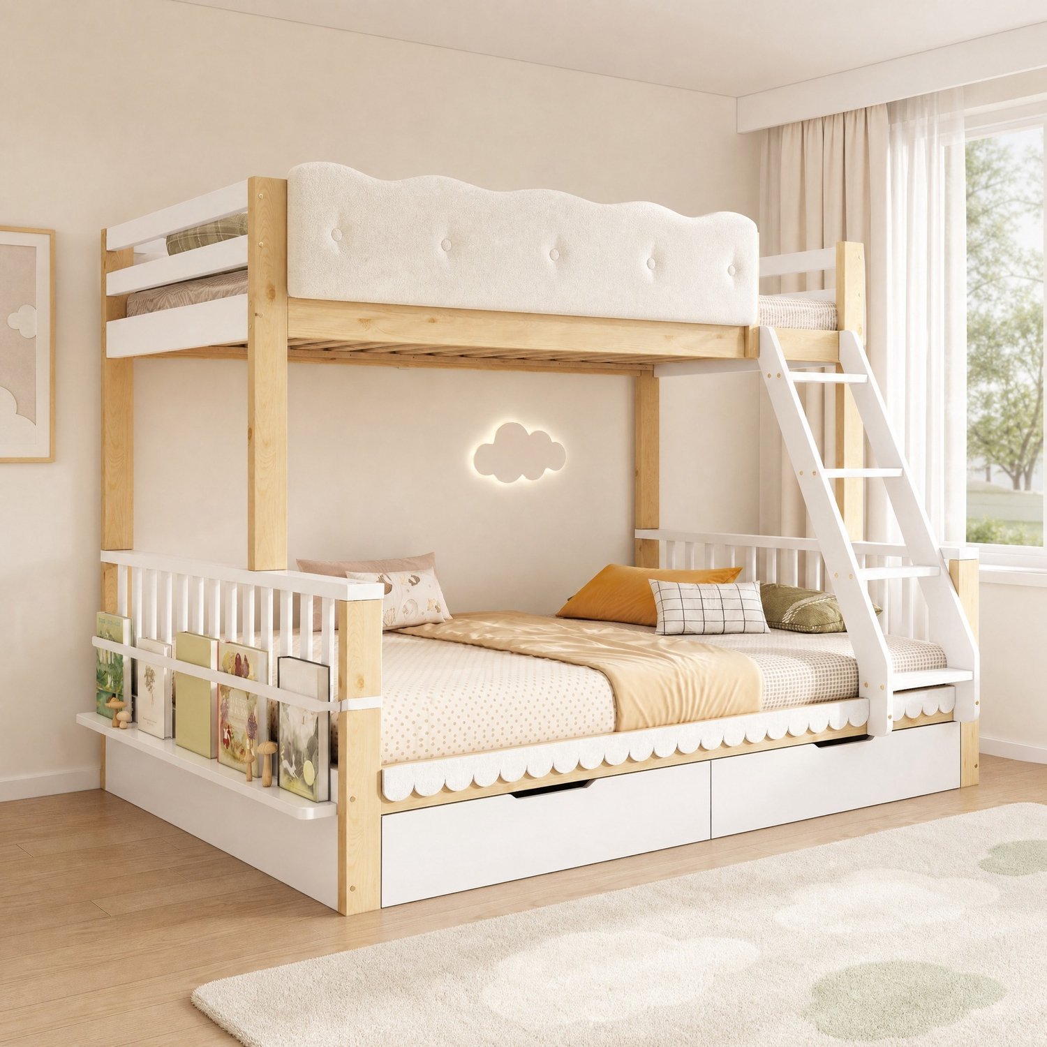 Wishdor Stapelbed 90x200 en 140x200 cm - Bovenbed met beklede uitvalbeveiliging - Onderbed met twee lades en boekenhouder - Voor kinderkamer en gedeelde slaapkamer - Houtlook - Wit en eikenkleur