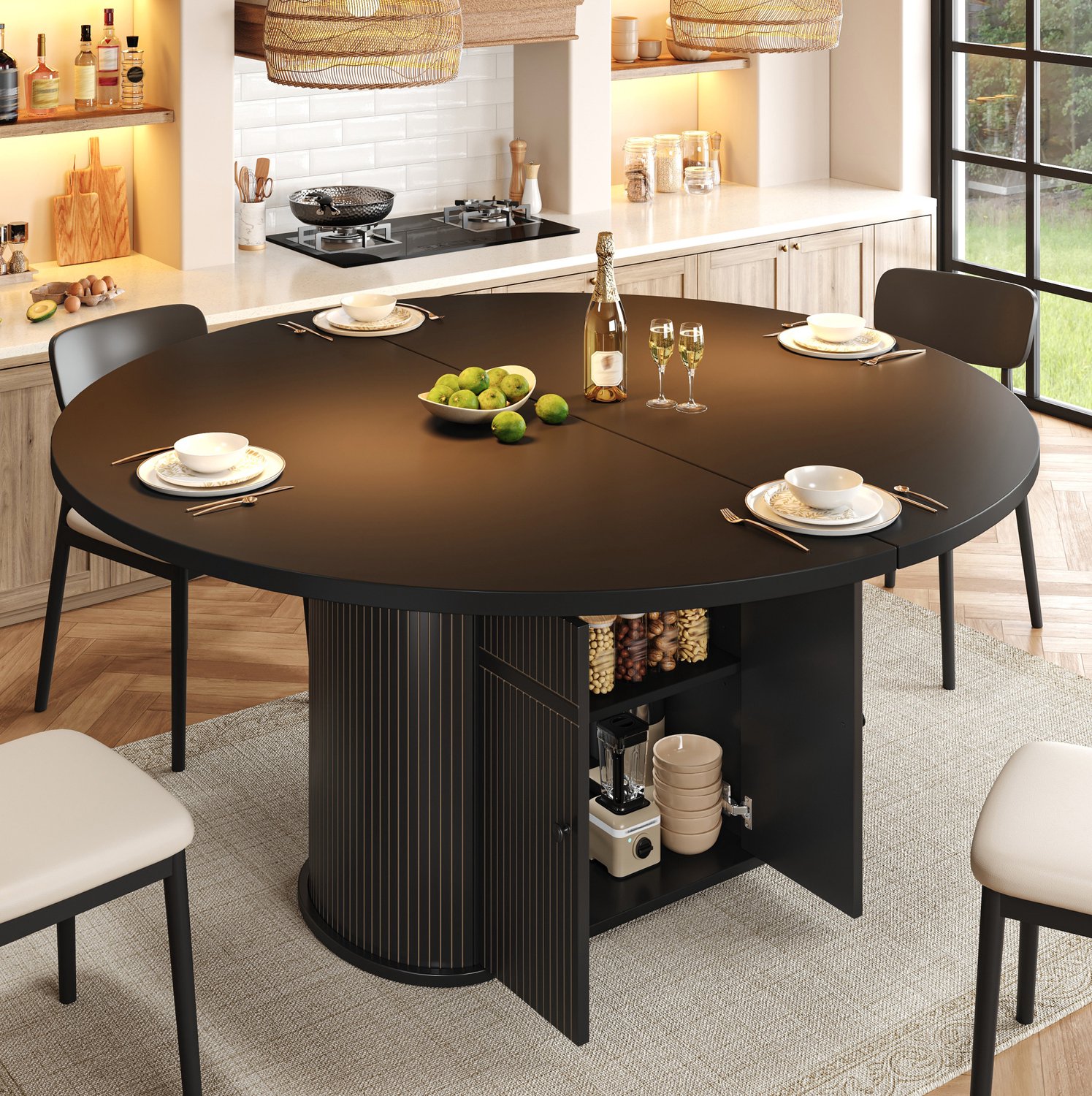 HAUSS SPOLE Eettafel - Uitschuifbaar met Opbergruimte en Twee Deuren - Voor 4 tot 6 Personen in de Eetkamer - MDF - Zwart - 118 tot 158 x 118 x 76,5 cm
