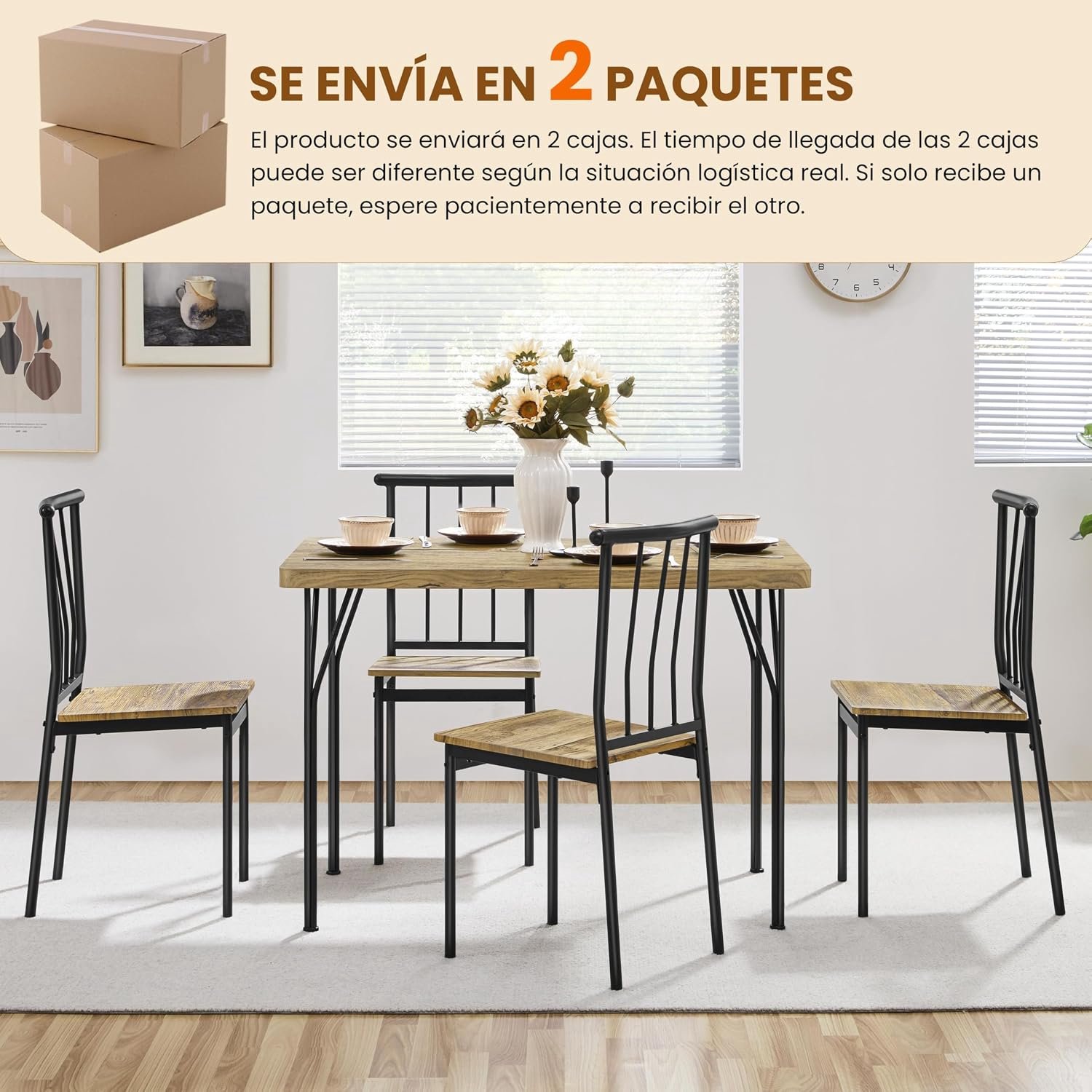 Eettafelset Rustiek Nova met 4 Stoelen – Rechthoekige Eettafel met Zwart Metalen Frame, Bruin MDF Tafelblad, Ruimtebesparende Keukentafelset voor 4 Personen, 110 x 70 x 76,5 cm, Modern Industrieel Design voor Eetkamer, Keuken en Woonkamer