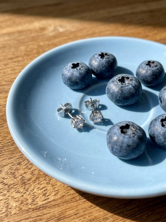 Zilveren oorknopjes met fonkelende zirkonia, gepresenteerd op een blauw bordje tussen bosbessen.