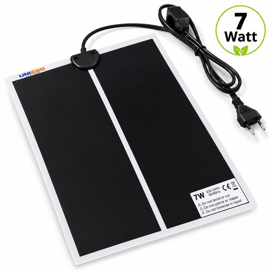 Zwarte 7W warmtemat met stroomkabel en zwarte stekker, inclusief veiligheidswaarschuwingen op de mat.