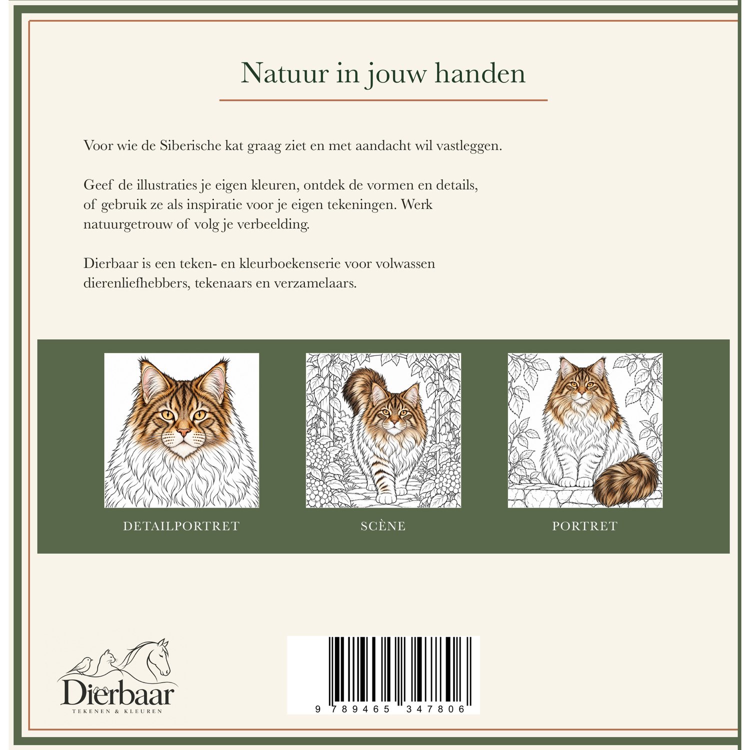 Achterzijde van het kleurboek 'Natuur in jouw handen' met drie illustraties van Siberische katten en een barcode.
