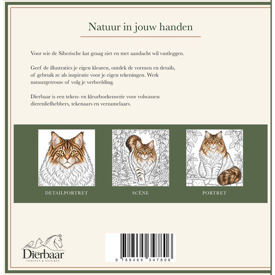Achterzijde van het kleurboek 'Natuur in jouw handen' met drie illustraties van Siberische katten en een barcode.