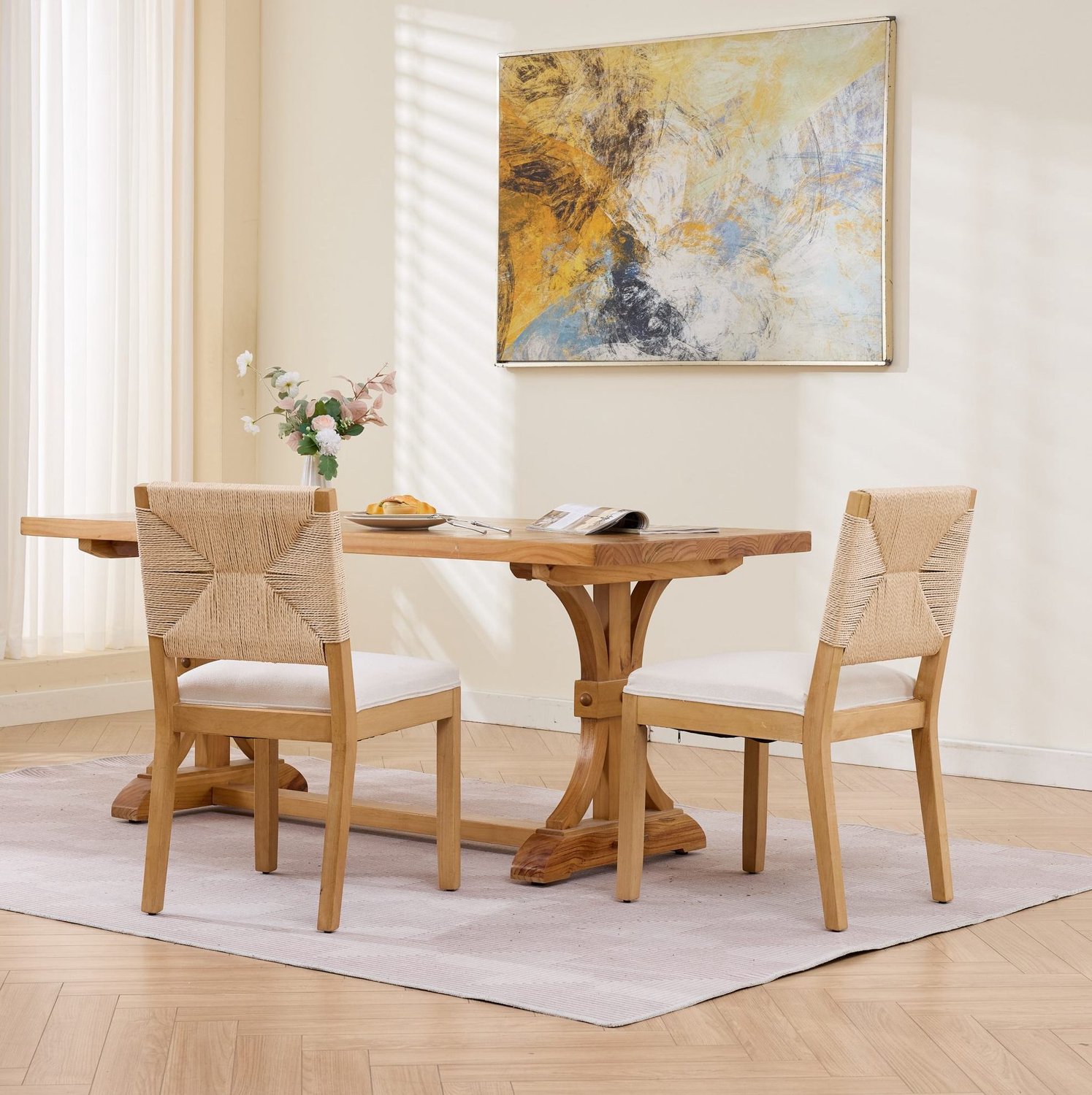 MEUNIQ Eetkamerstoelen set van 2 – houten stoelen met gevlochten rugleuning en gestoffeerde zitting – voor eetkamer en keuken – beige