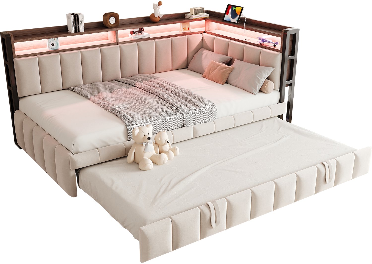 REDOM Slaapbank 90x200 cm met uitschuifbaar bed - Opbergruimte, LED en USB-C - Beige