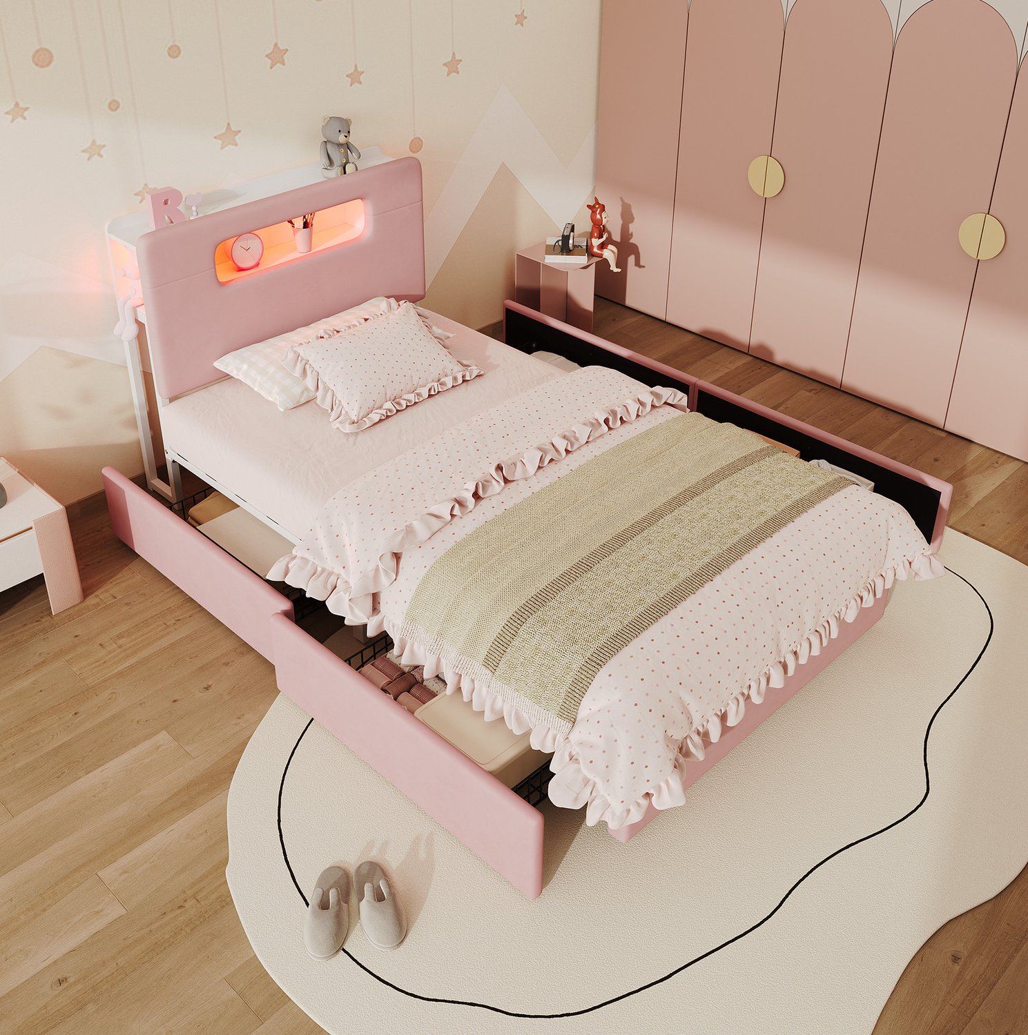 HAUSS SPOLE Gestoffeerd Kinderbed 90x200 cm - Met Vier Laden en Open Opbergruimte - Verlichting via Telefoon voor Kinderkamer - Zonder Matras - Fluweel - Roze