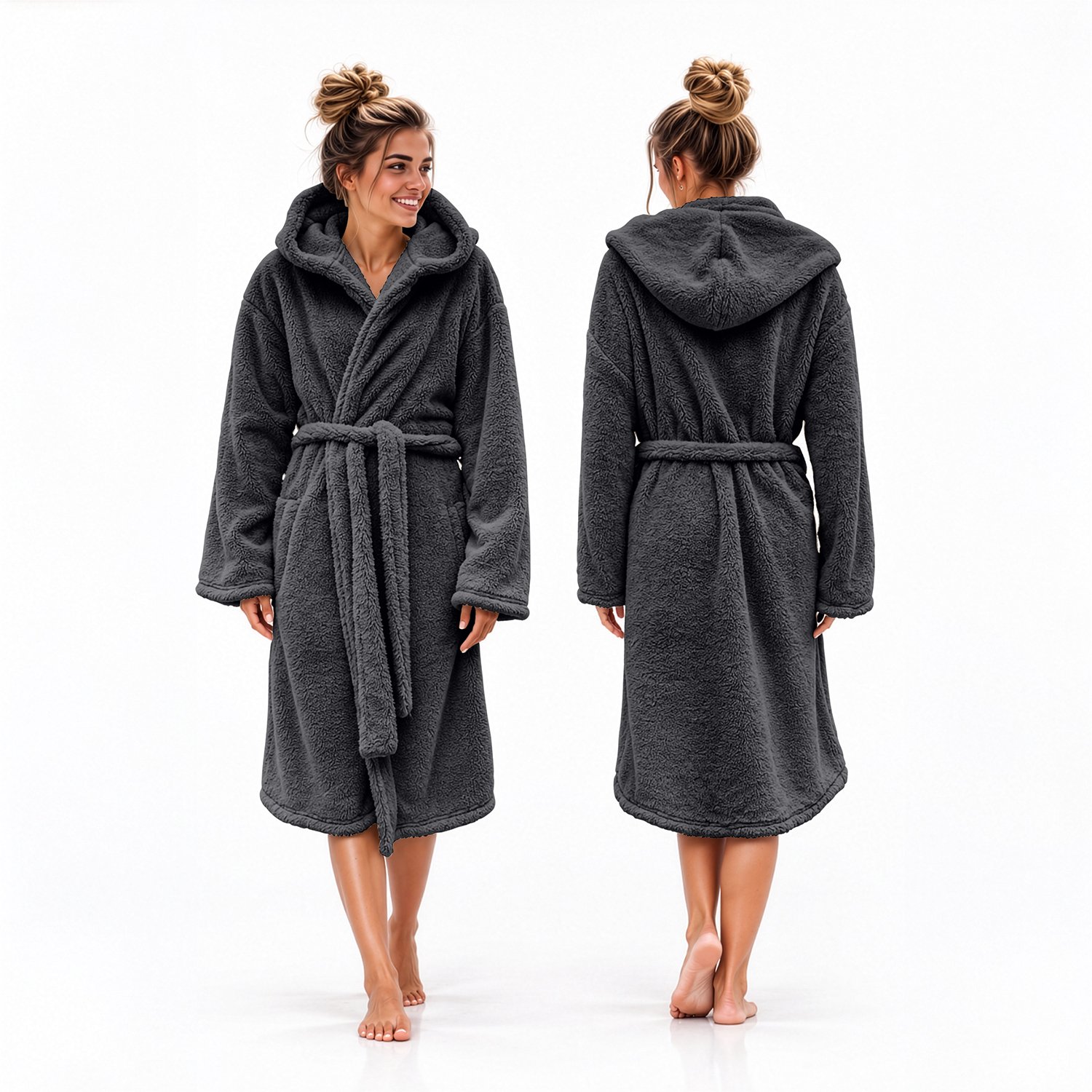 LINNICK Teddy Fleece Badjas met Capuchon inclusief Teddy Tas - Dark Grey - M - Badjas Dames - Badjas Heren Antraciet