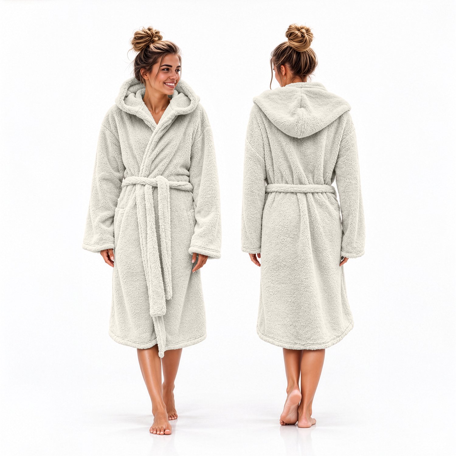 LINNICK Teddy Fleece Badjas met Capuchon inclusief Teddy Tas - Off White - S - Badjas Dames - Badjas Heren ecru / ivoor
