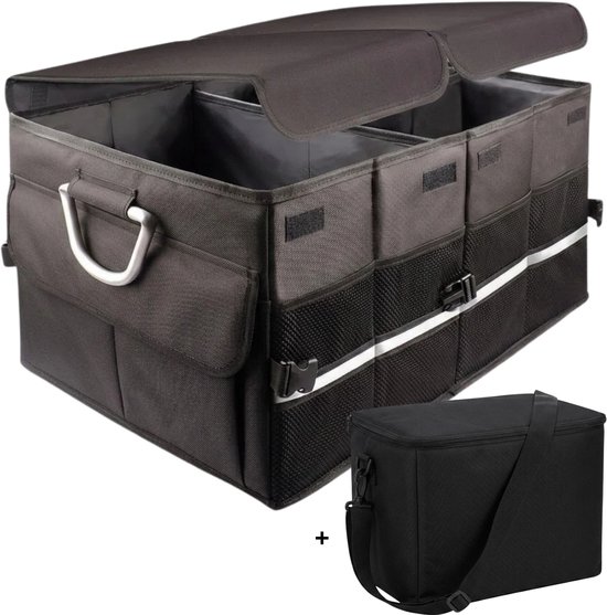 Janse® Kofferbak organizer XL met koeltas - Stevige auto organizer en 2 losse deksels - Kofferbak opbergbox met stevige koeltas - Opvouwbaar - Multifunctioneel - Klittenband - Boodschappentas - Organizer - Zwart