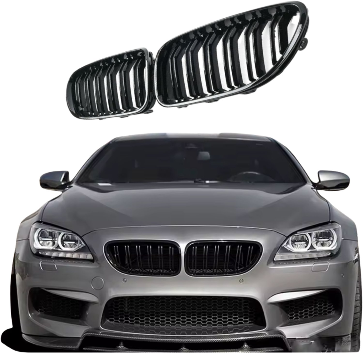 Dubbel spijl grill compatibel met BMW 6 Serie F06 & F12 & F13 (2011-2018) glans zwart