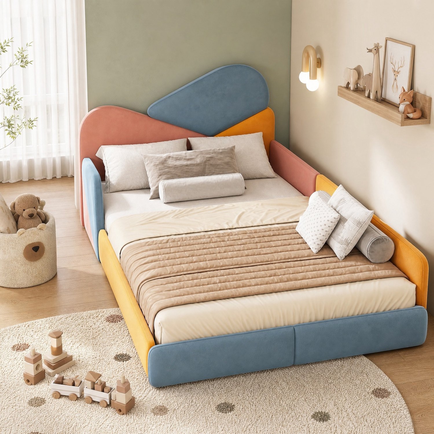 MEUNIQ gestoffeerd kinderbed 140 x 200 cm met verhoogde zijpanelen, zacht hoofdbord en lattenbodem, laag bed voor de kinderkamer, blauw, roze en oranje