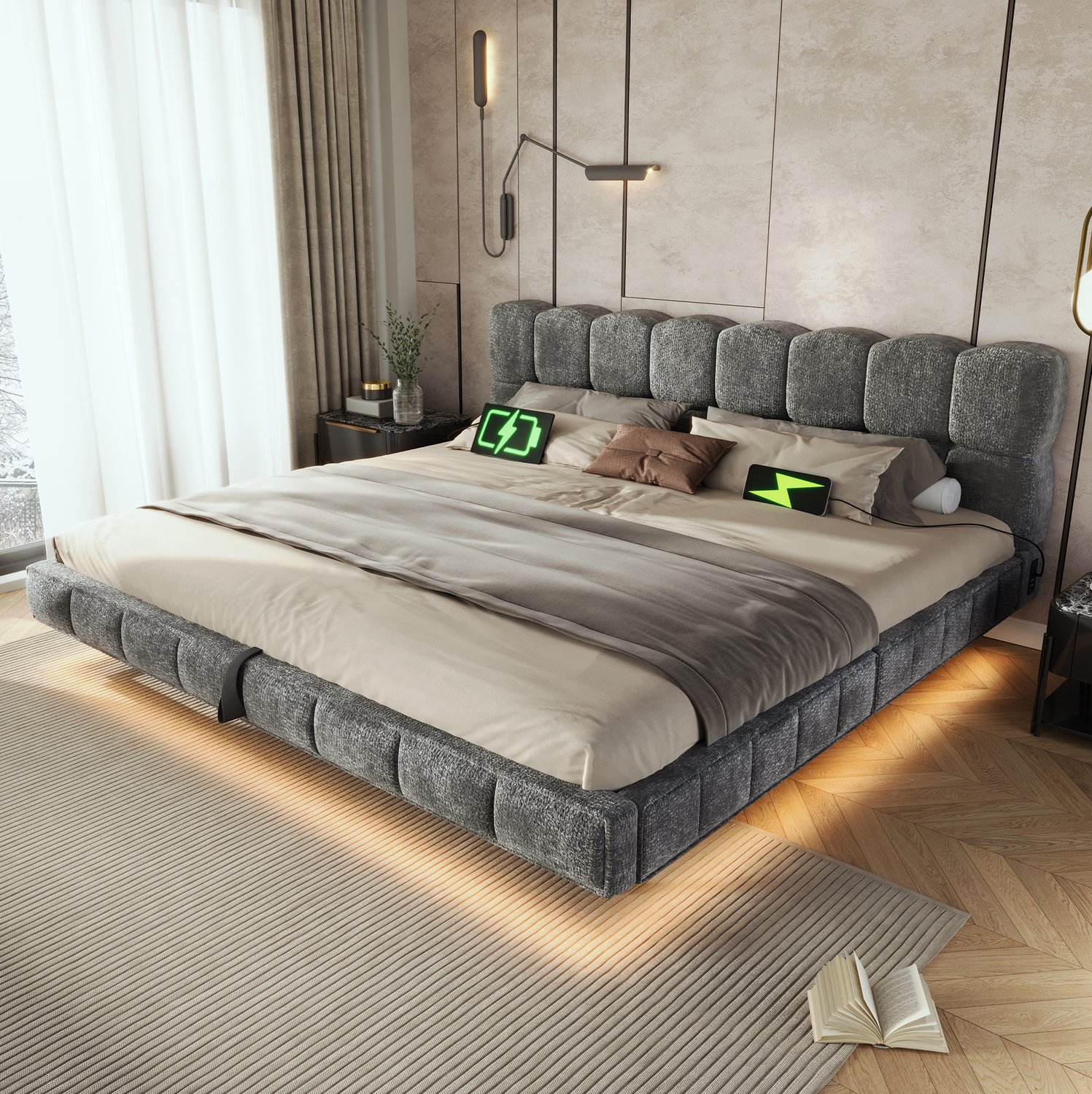 Wishdor Tweepersoonsbed 180x200 cm - Hydraulische opbergruimte en LED-verlichting - Gestoffeerd bed met oplaadaansluitingen - Zwevend ontwerp - Chenille, hout en metaal - Grijs