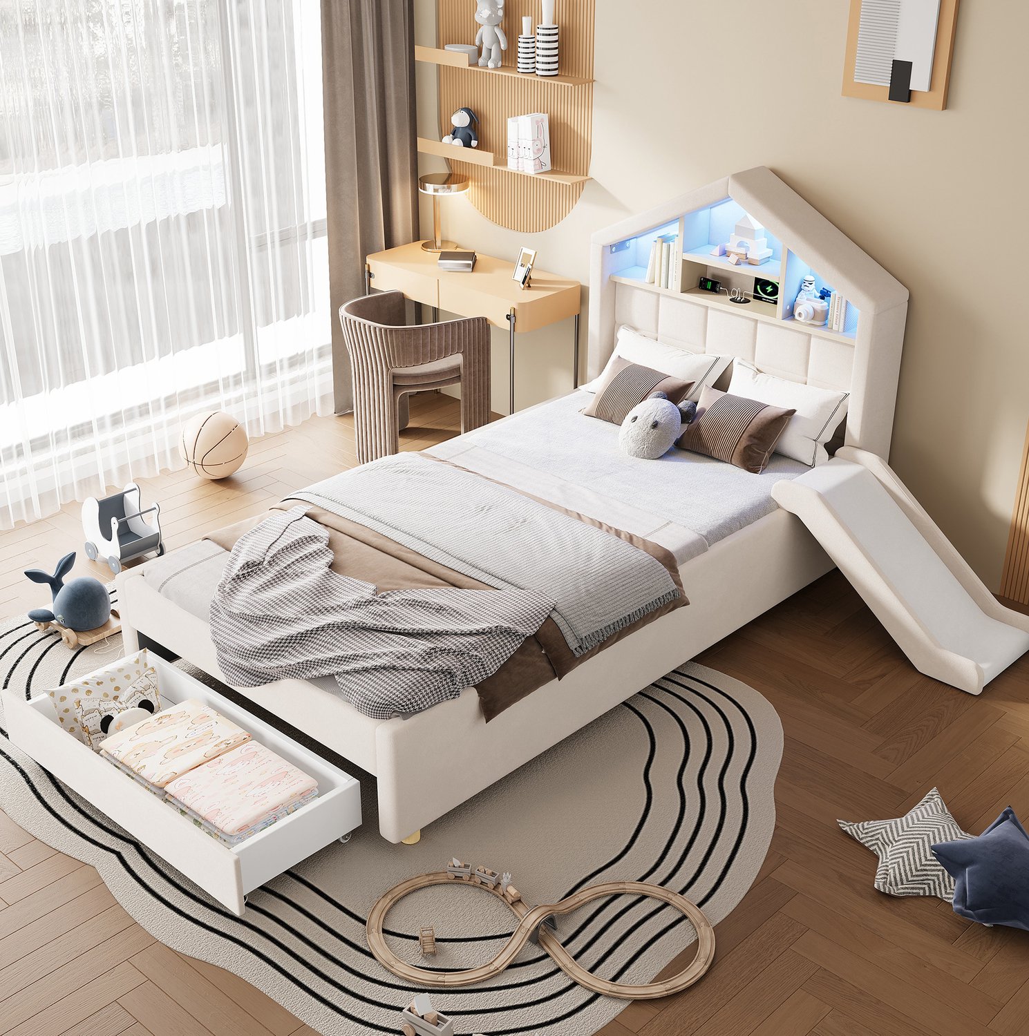 HAUSS SPOLE Kinderbed 90x200 cm - Gestoffeerd Huisbed met Glijbaan en Bedlade - Verlichting en Oplaadaansluiting - Zonder matras - Fluweel - Beige