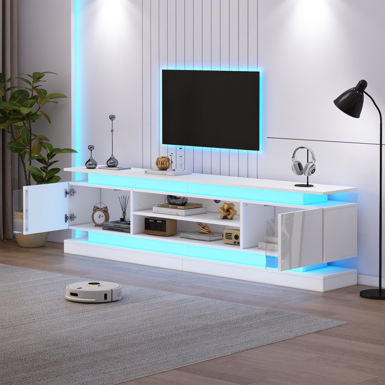 MIVRAY Tv-meubel - 2 Deuren Met Ledverlichting - Voor Woonkamer En Televisies Tot 75 Inch - MDF En Spaanplaat - Wit - 180x35x60 Cm