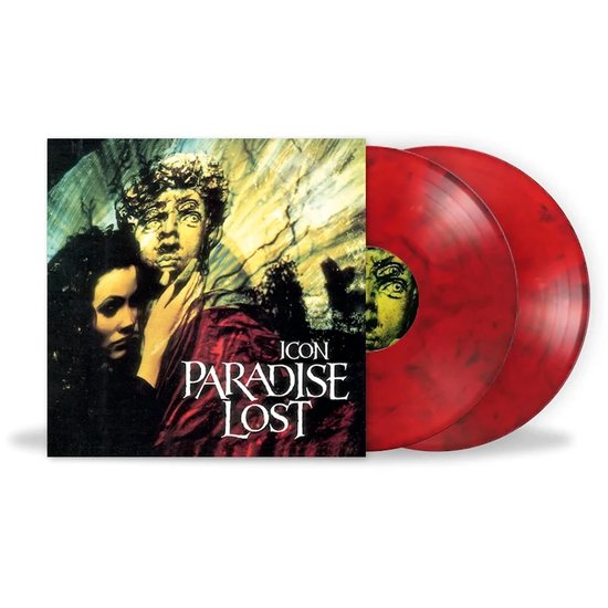 Icon album van Paradise Lost, hoes met buste en vrouw, twee rode gemarmerde vinylplaten.