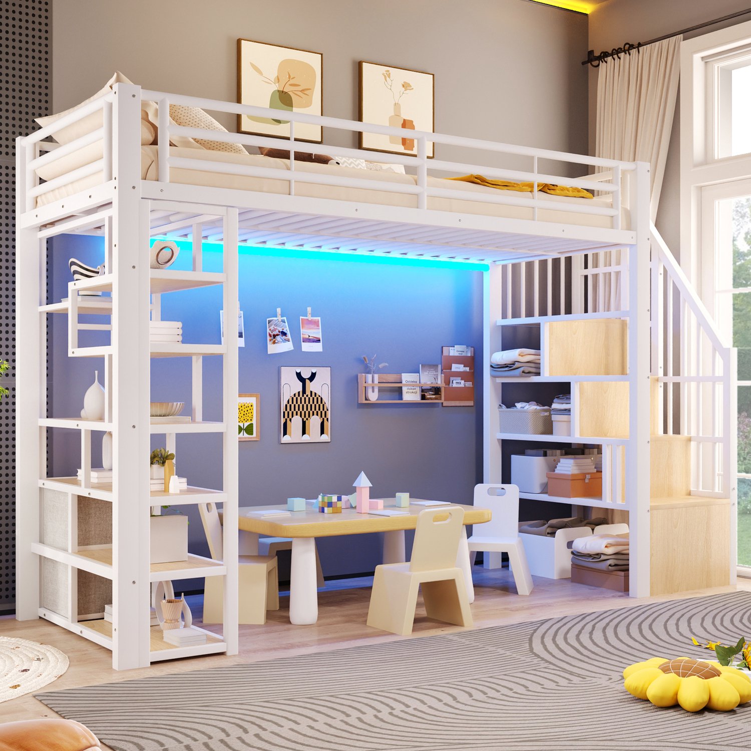 HAUSS SPOLE Hoogslaper 90 x 200 cm - Kinderbed met Opbergtreden en Uitvalbeveiliging - Ledverlichting en Lades - Zonder Matras - Metaal en MDF - Wit