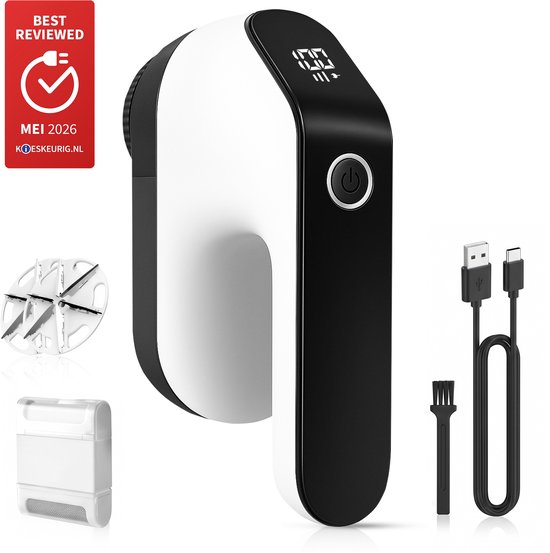 Wit-zwarte elektrische pluizenverwijderaar met digitaal display, inclusief extra mesjes, schoonmaakborstel en USB-C kabel.