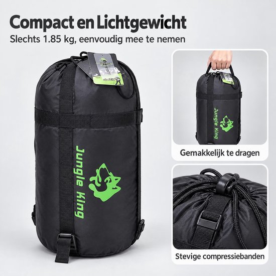 Winterslaapzak -5°C Comfort, Mummyslaapzak met Capuchon – Waterafstotende Camping Slaapzak voor Kamperen, Wandelen en Reizen – 220 x 80 x 50 cm, 1,85 kg, Groen/Zwart — afbeelding 4