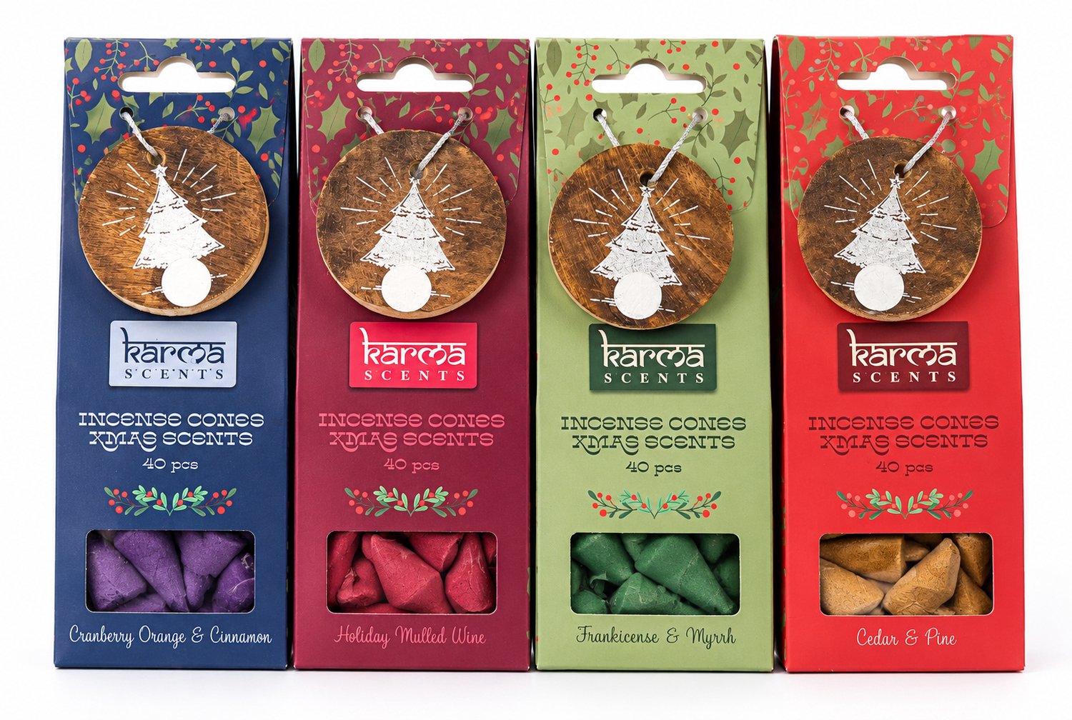 Out of the Blue Kerst wierookkegels set - kerst geur - Karma scents - 4 kerstgeuren - kaneel, gluhwein, wierook en mirre, ceder en den - kerst