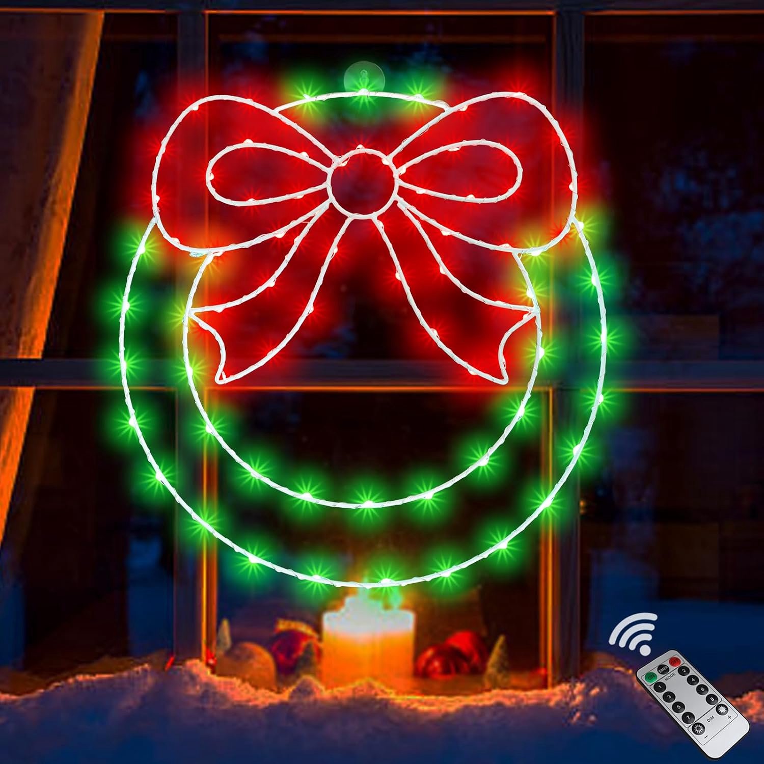 Kerstkrans van 31 cm voor het raam (met strik en verlichting), met afstandsbediening, werkt op batterijen, geschikt voor het versieren van ramen en deuren.