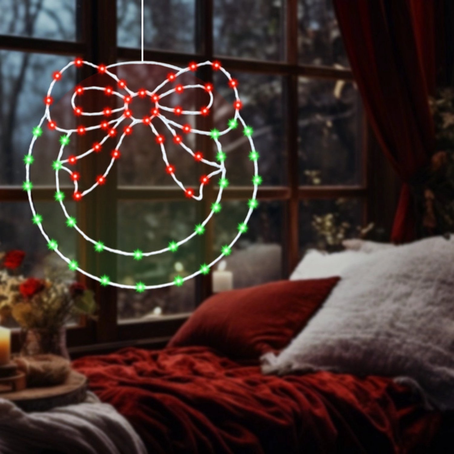 Kerstkrans van 31 cm voor het raam (met strik en verlichting), met afstandsbediening, werkt op batterijen, geschikt voor het versieren van ramen en deuren. – foto 5