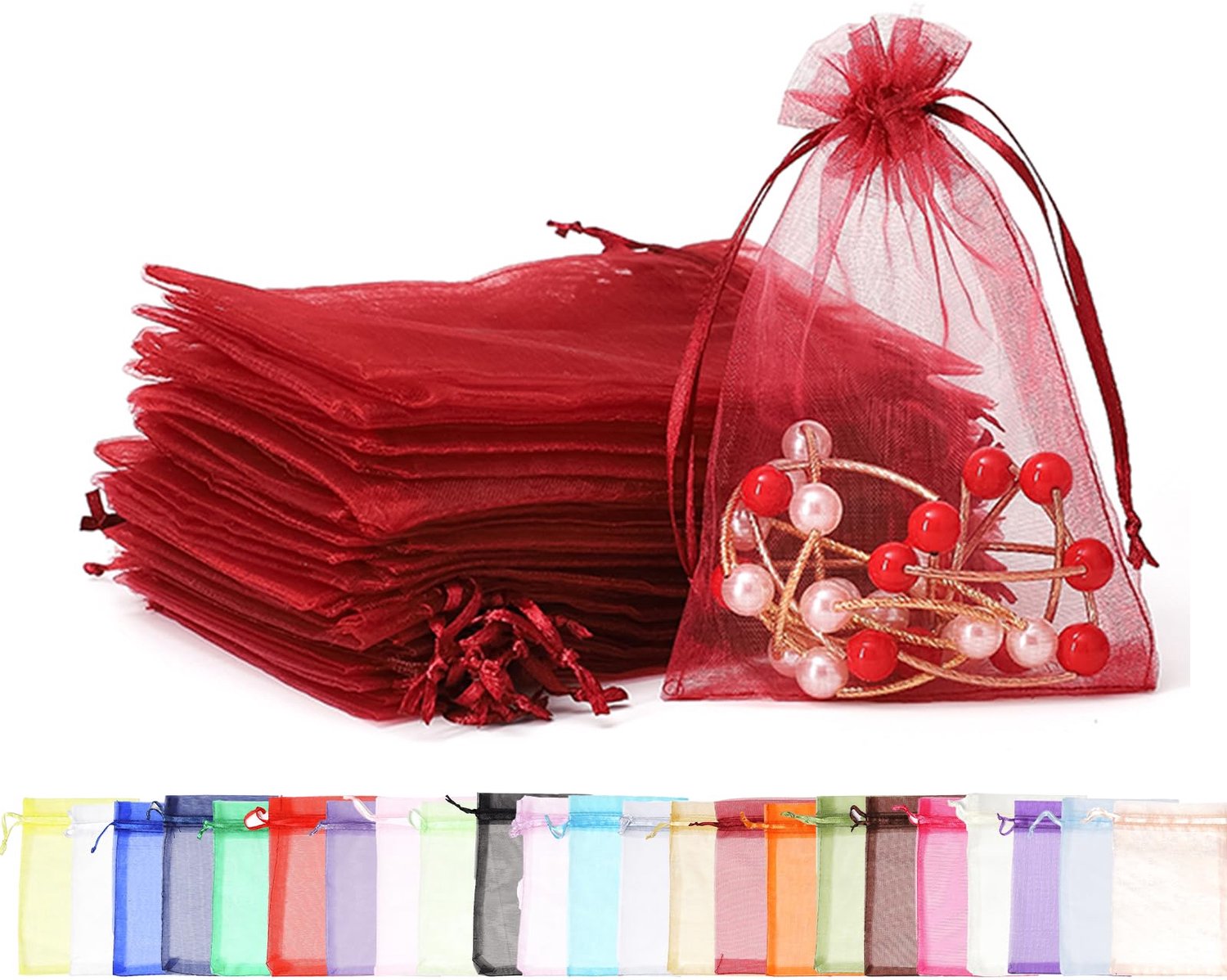 Set van 100 Wijnrode Organza Cadeautasjes 7x9cm met Trekkoord